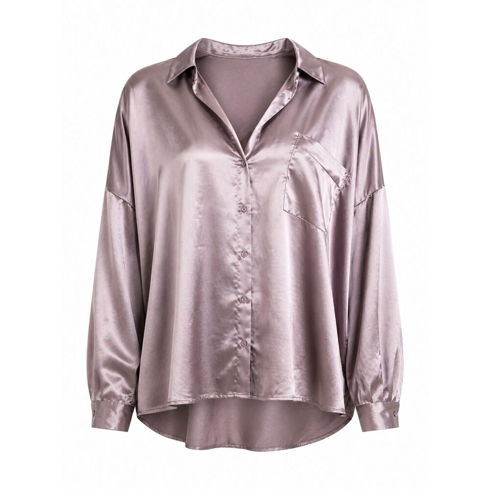 Arula Satin Blouse Oversized Lavender Button Front Top No Size Tag Fits XL 1X